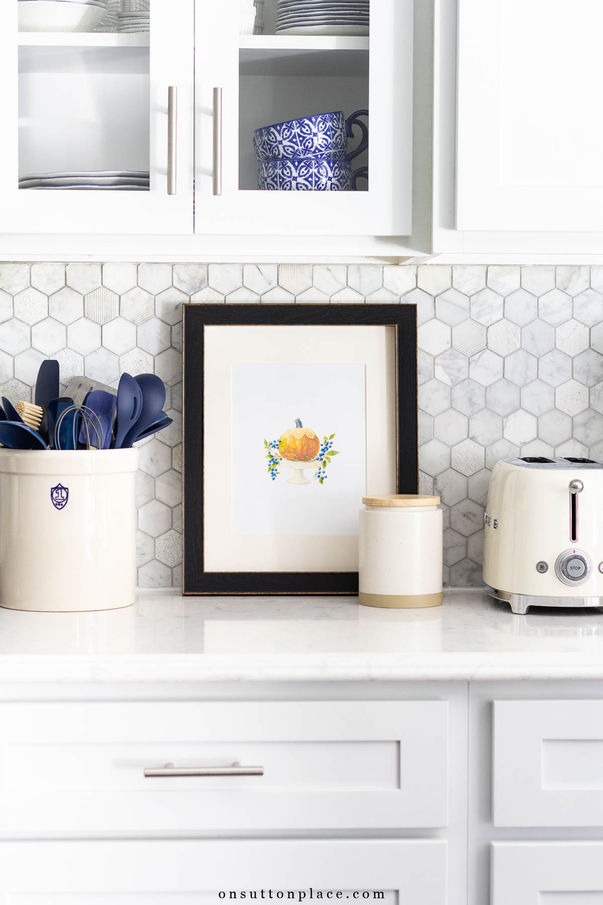 kitchen counter with framed fall printable wall art