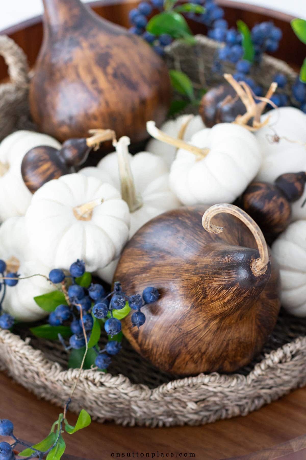 fall arrangement with dried gourds and baby white pumpkins