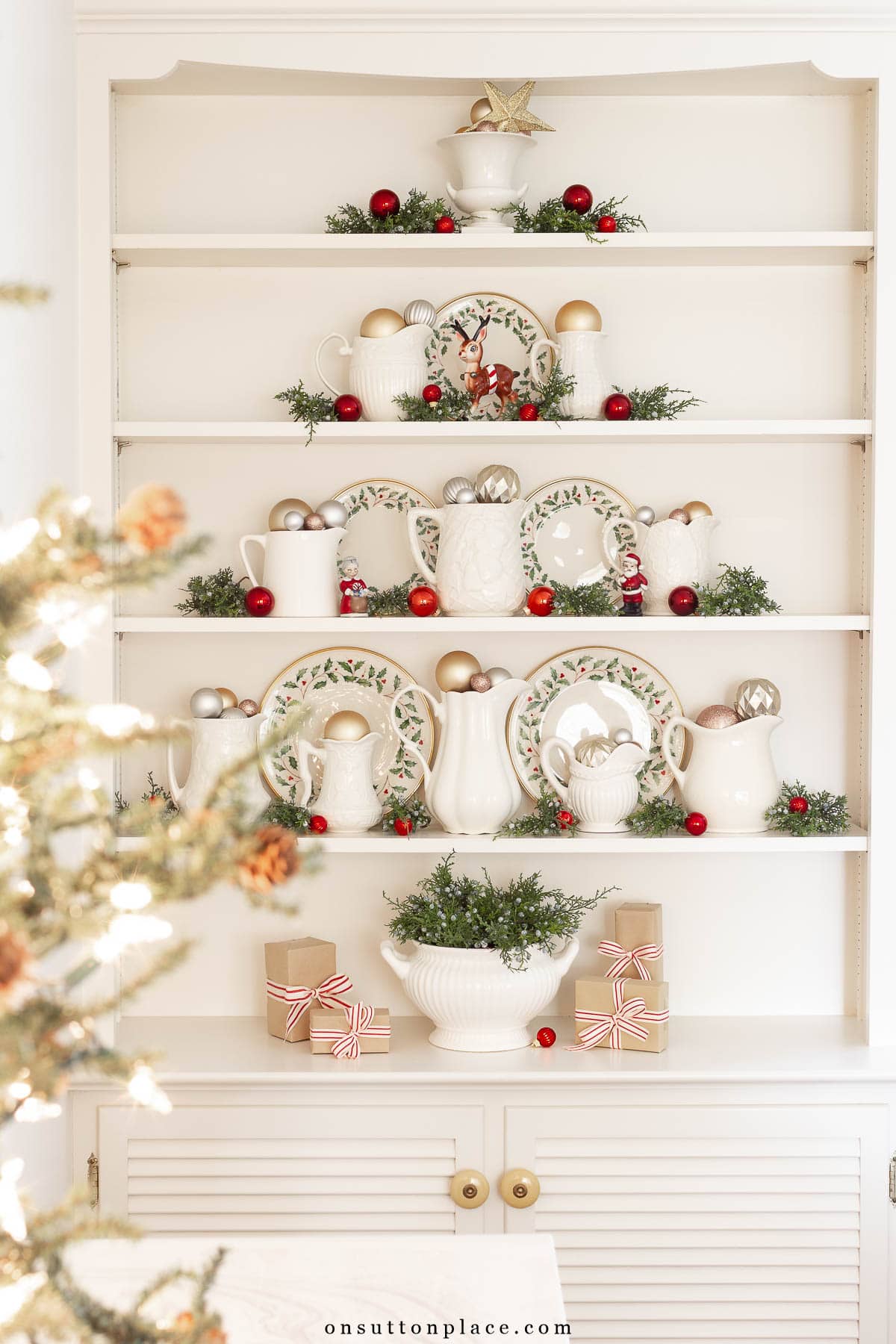 Christmas shelves with ironstone pitchers and plates