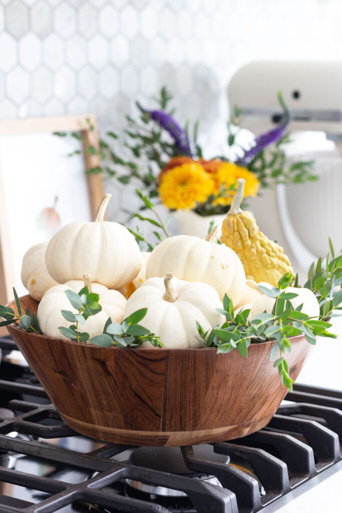 fall kitchen decor wooden bowl with pumpkins hss