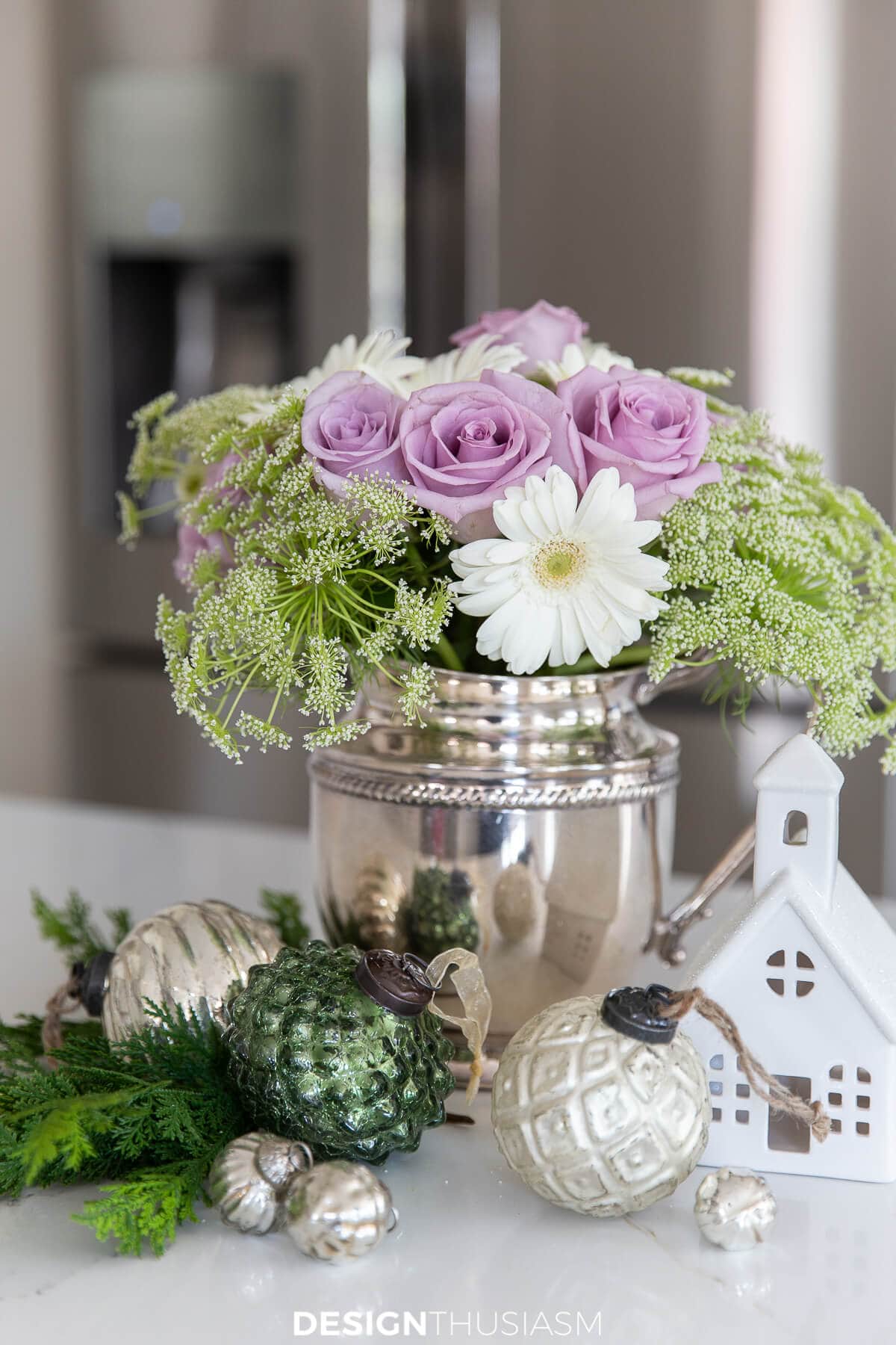 flowers in silver bucket with christmas ornaments desighthusiasm www
