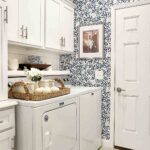 small laundry room ideas wallpaper shelf over washer and dryer