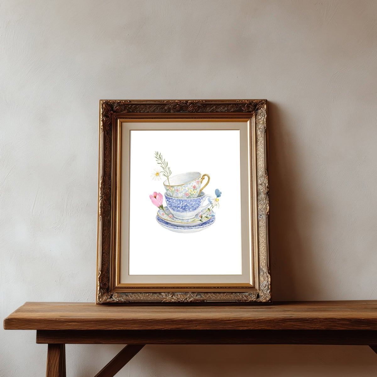 stacked cups and saucers watercolor framed