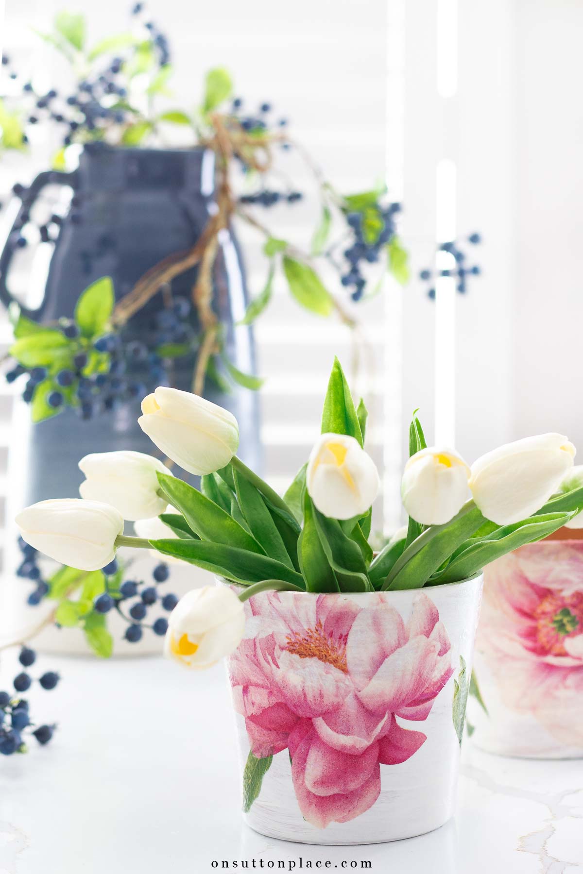 mod podge craft with napkins on terra cotta pots