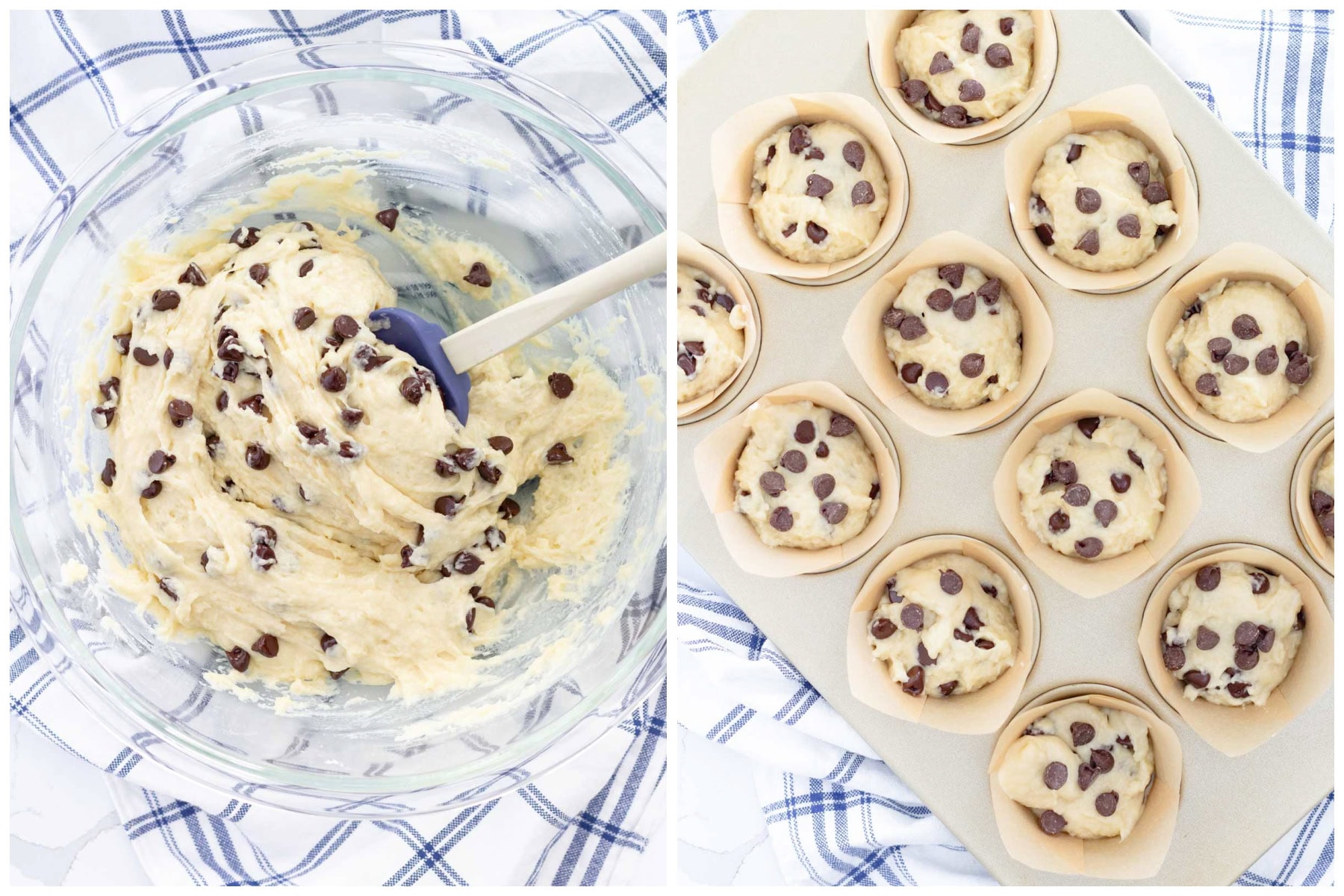 chocolate chip muffins recipe collage with batter bowl and muffin pan