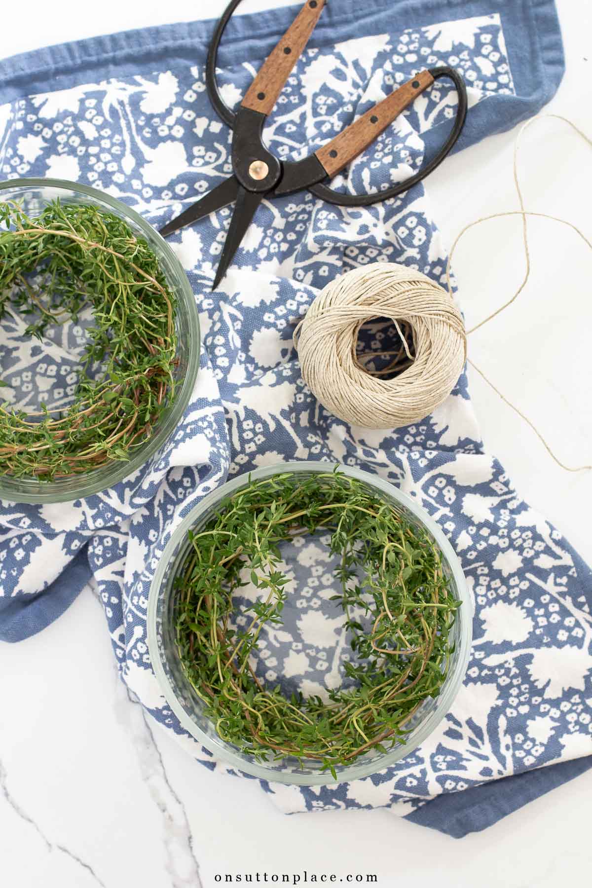 mini herb wreaths formed in bowls