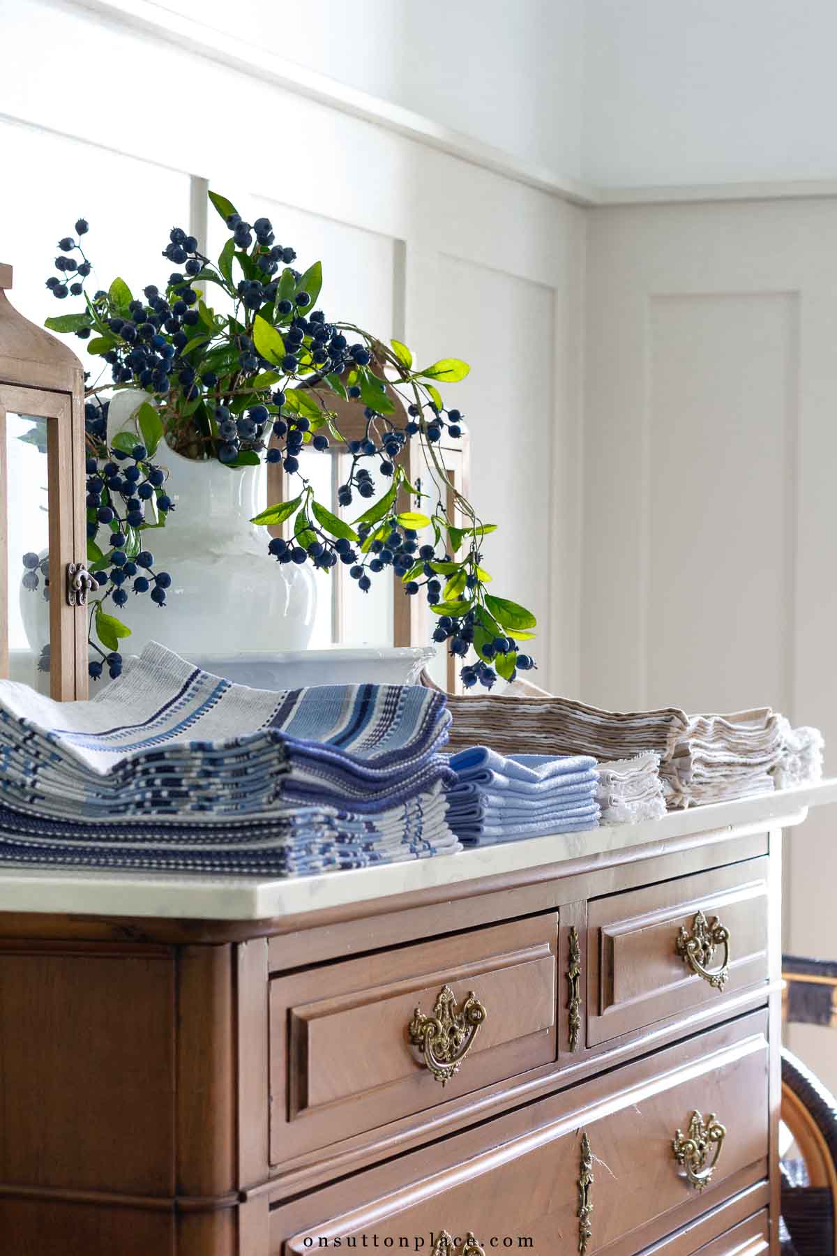 cloth dinner napkins on antique dresser