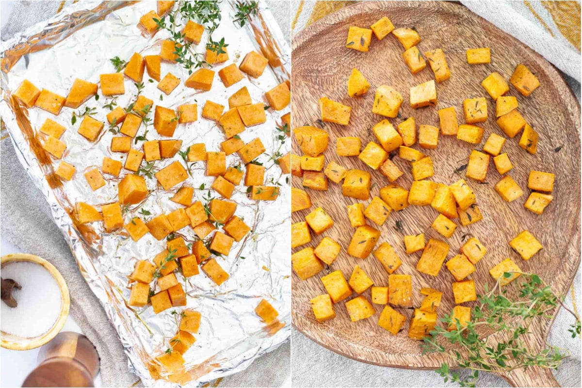 cubed sweet potatoes roasted on baking sheet collage