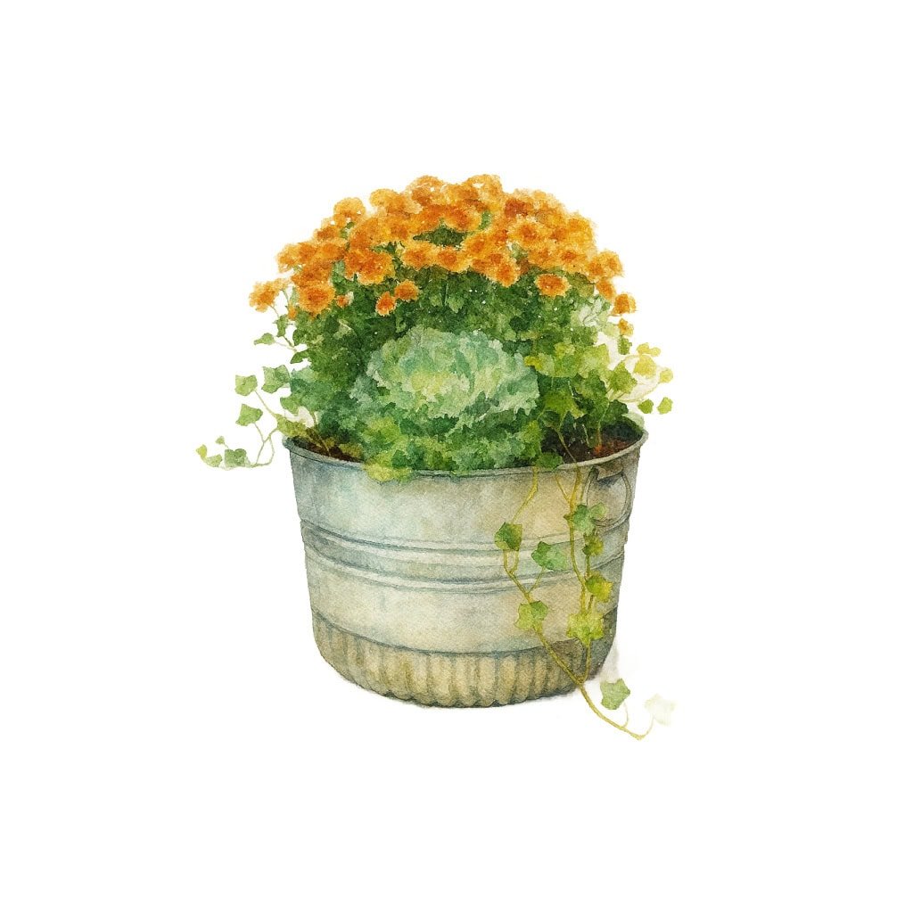 mums in galvanized bucket element for trending block