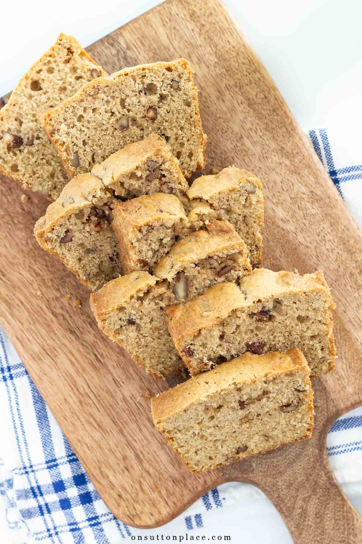 pecan bread recipe on a wood cutting board