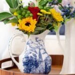 sunflower bouquet in liberty blue transferware pitcher