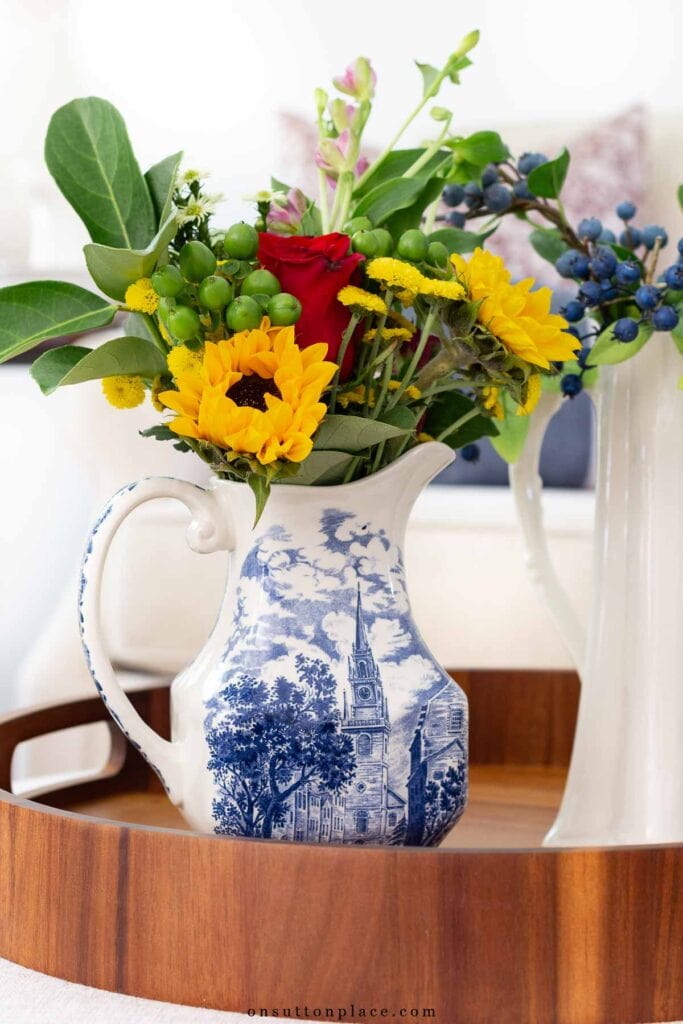 sunflower bouquet in liberty blue transferware pitcher