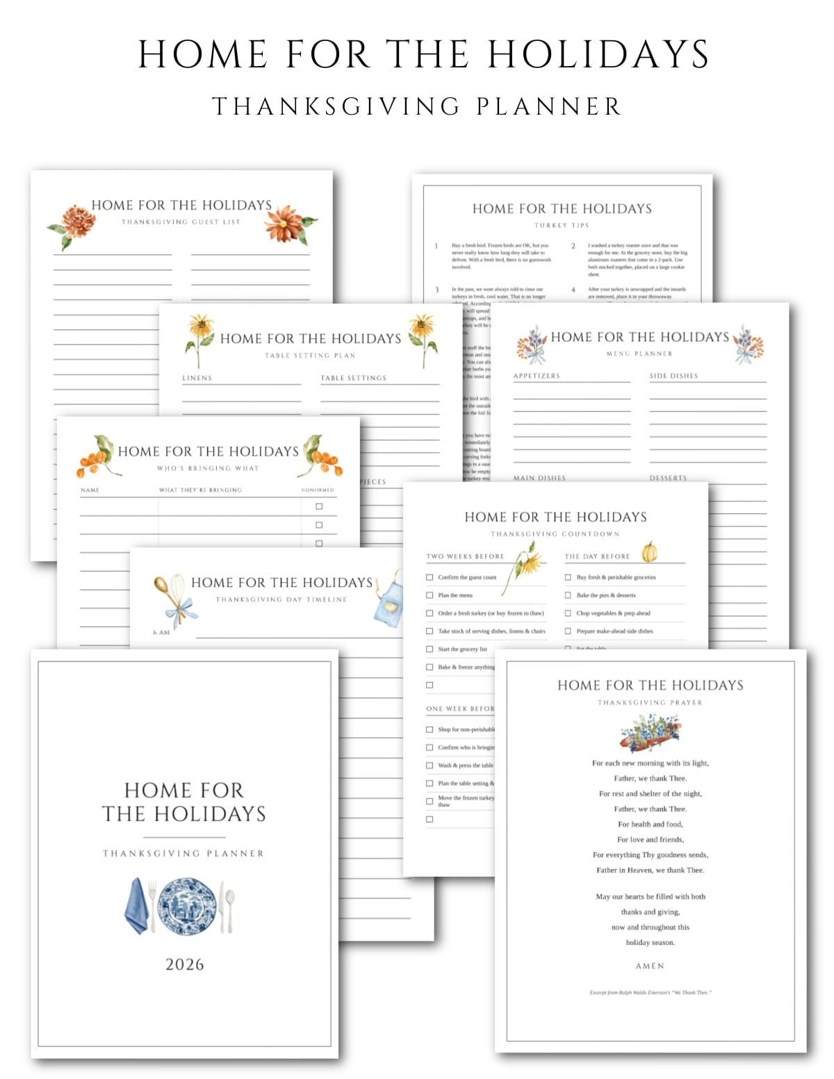 printable Thanksgiving planner pages including menu, guest list, and countdown