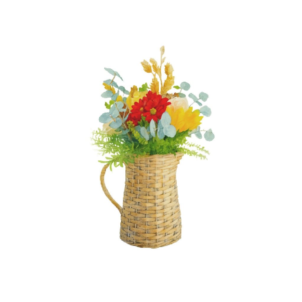 trending block fall flowers in wicker pitcher element