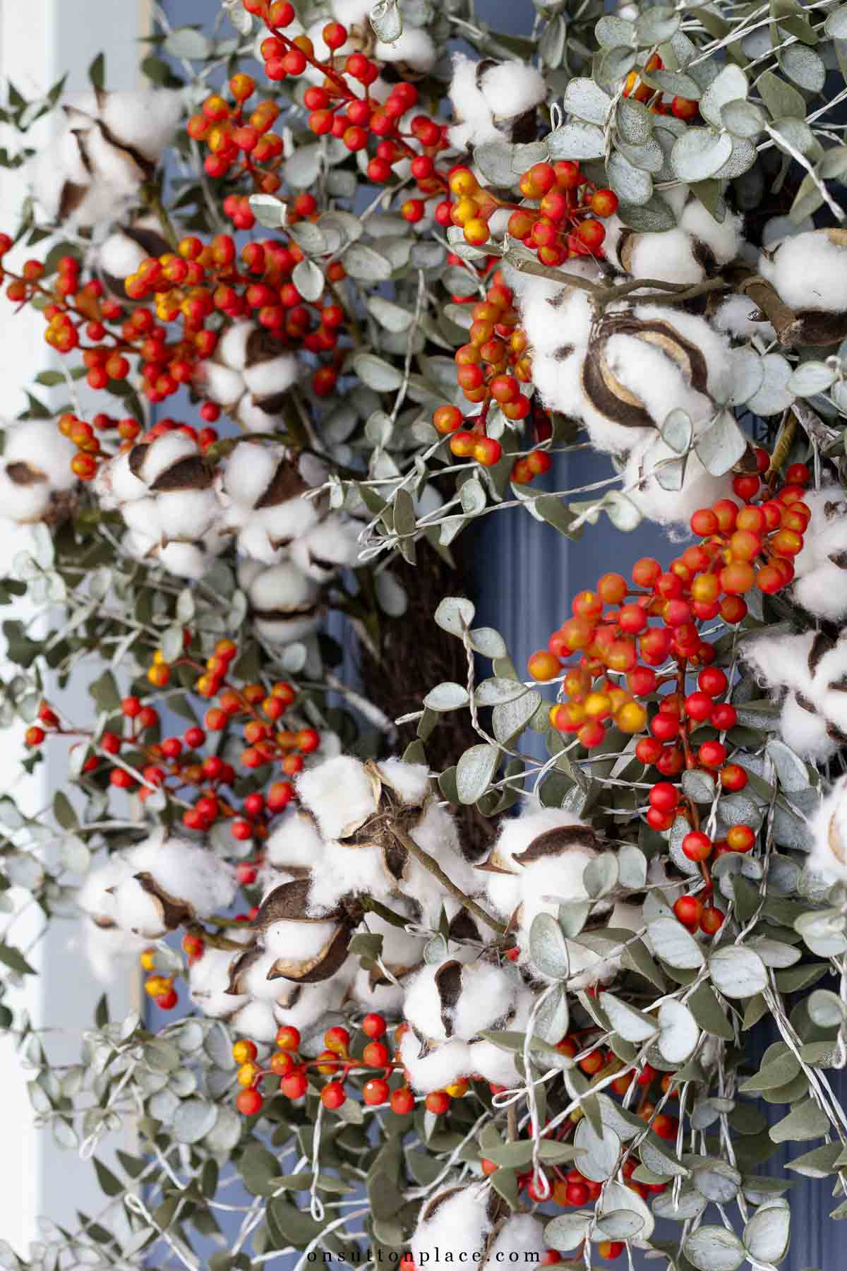 berry eucalyptus cotton bolls fall wreath idea-6