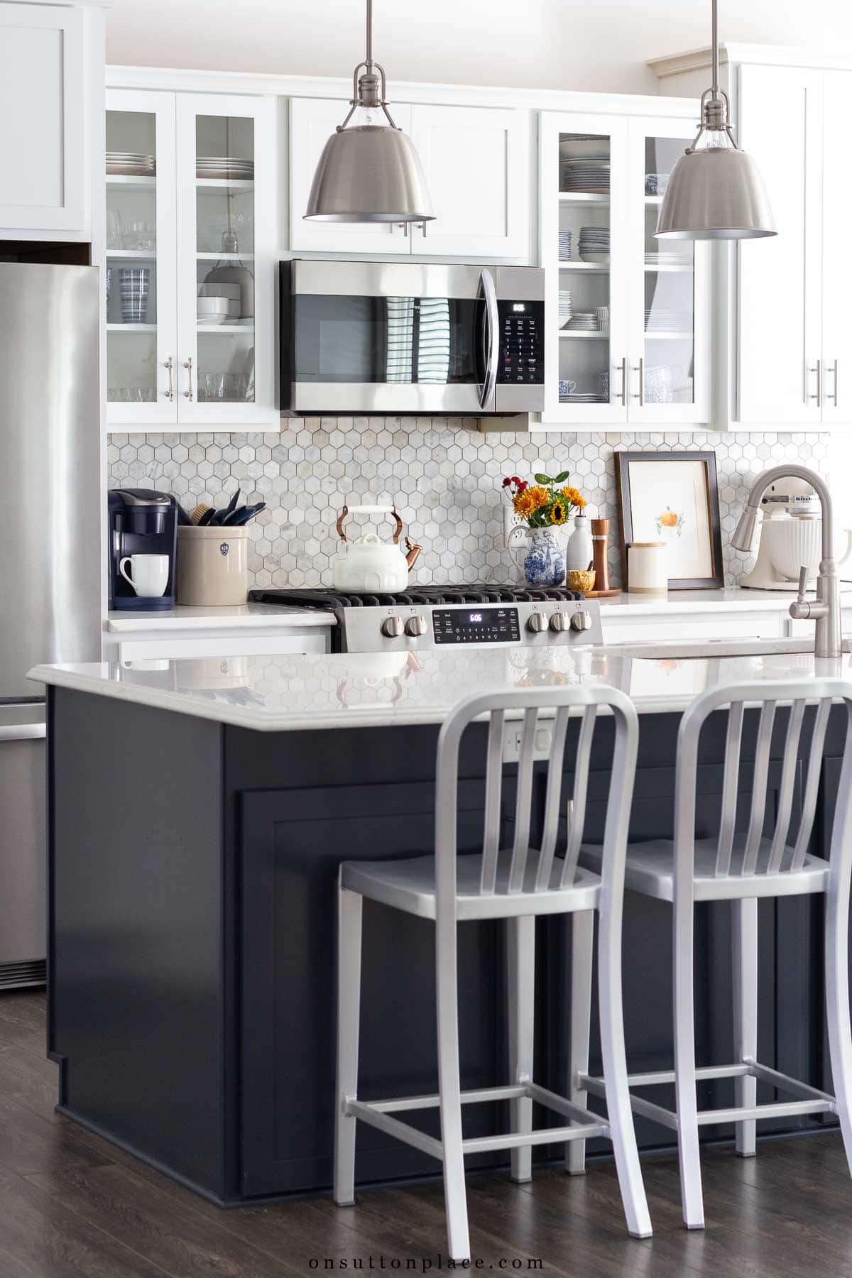 blue and white kitchen with fall decor