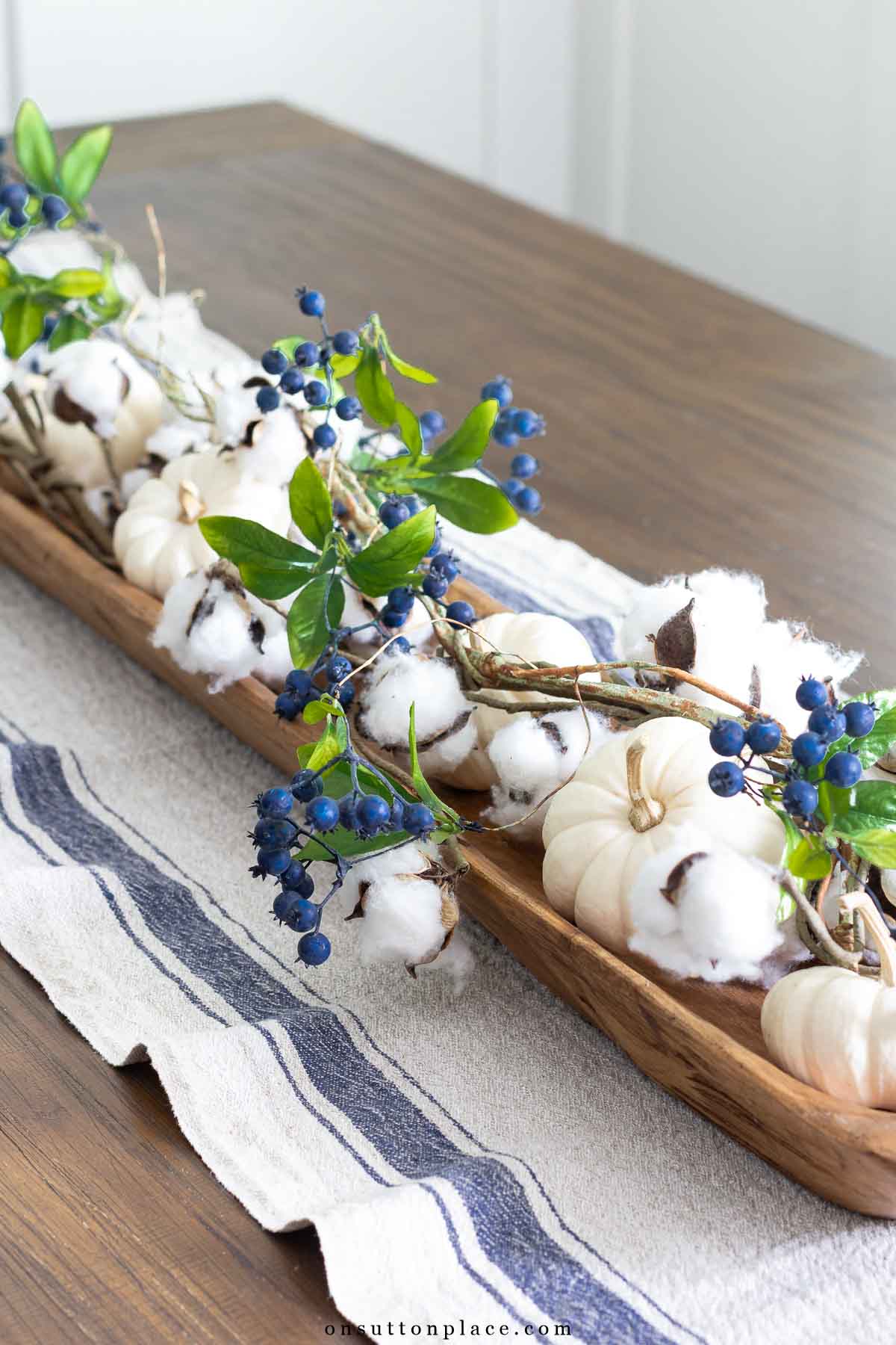 fall centerpiece with cotton bolls white mini pumpkins faux blueberry vine