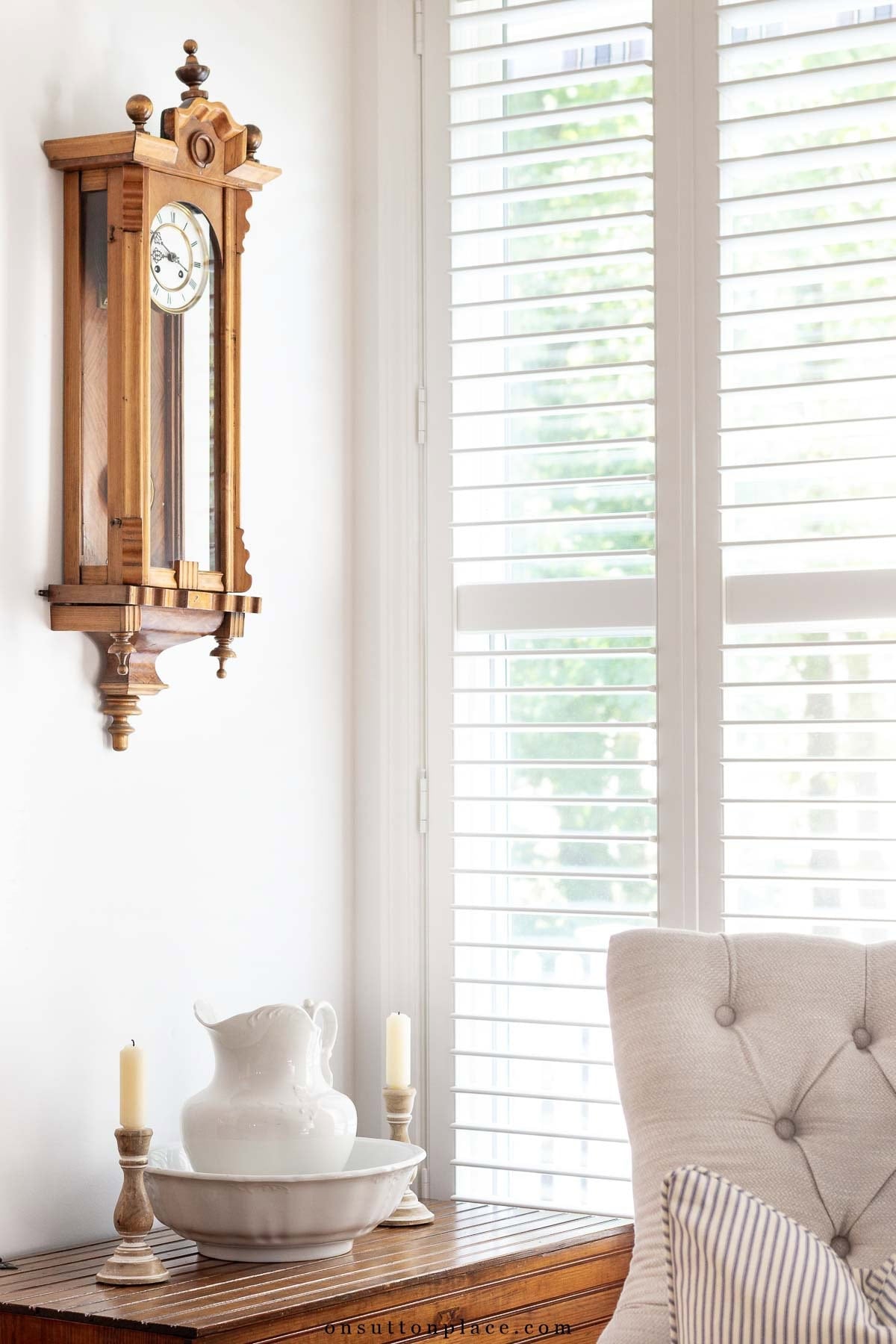 heirloom clock and family blanket chest with antique pitcher and bowl 1