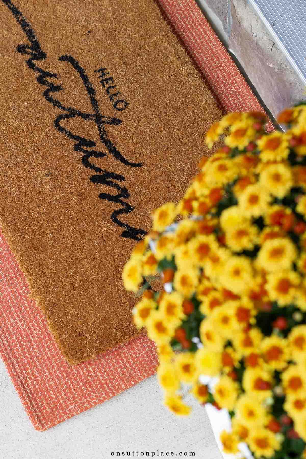 hello autumn doormat layered over orange rug-7