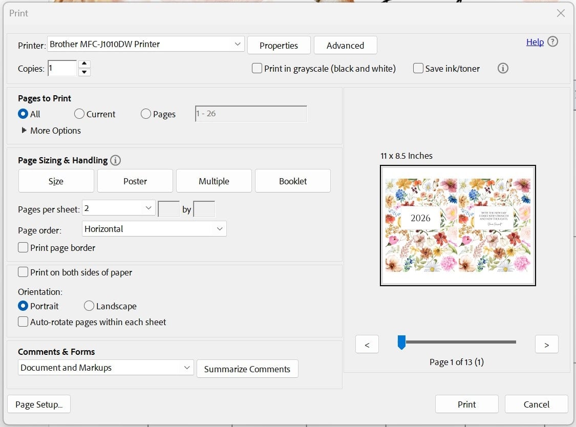 how to print 2 to a page screenshot 2026 calendar
