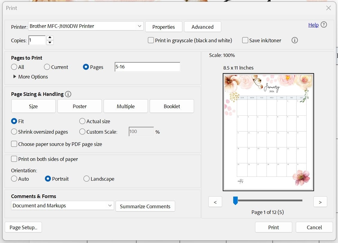 how to print specific pages screenshot 2026 calendar