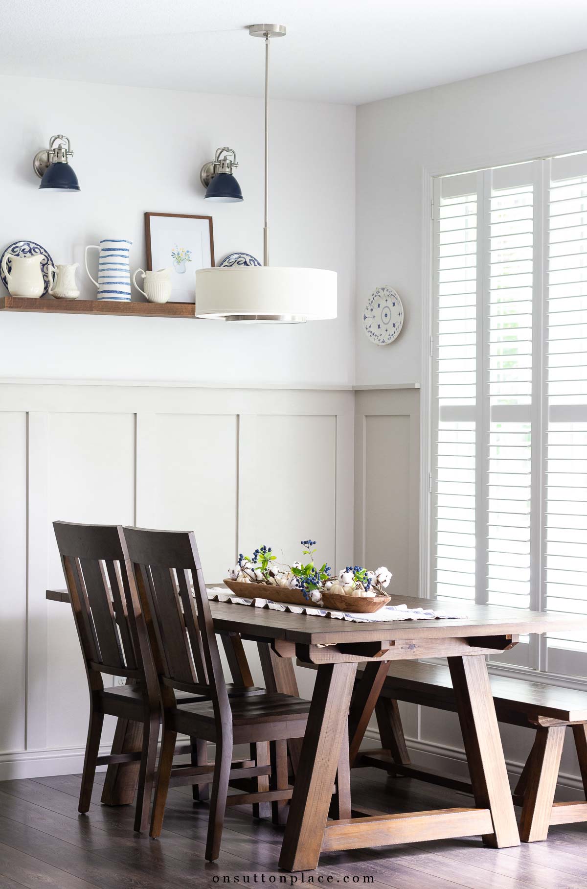 neutral kitchen board and batten in dining nook fall centerpiece