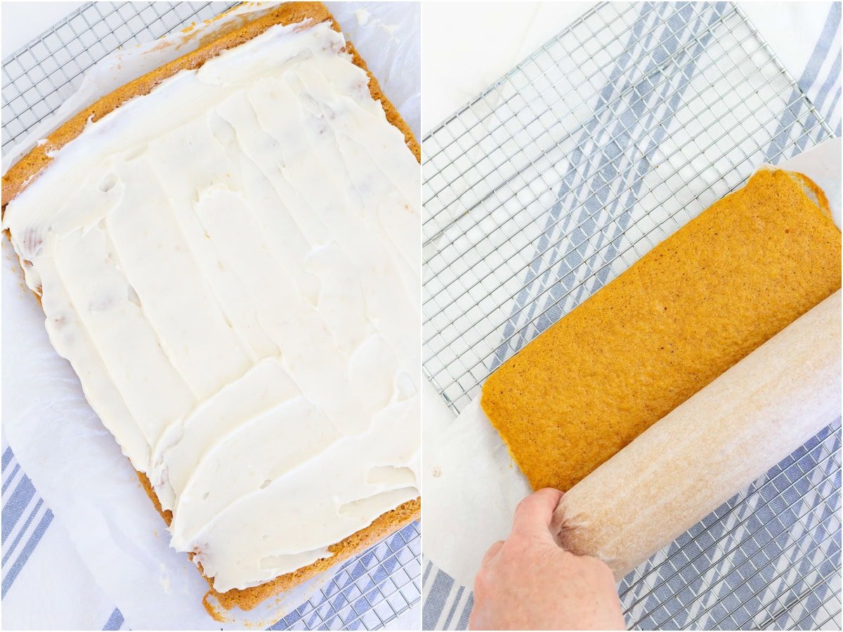 pumpkin roll parchment method: fill and final roll