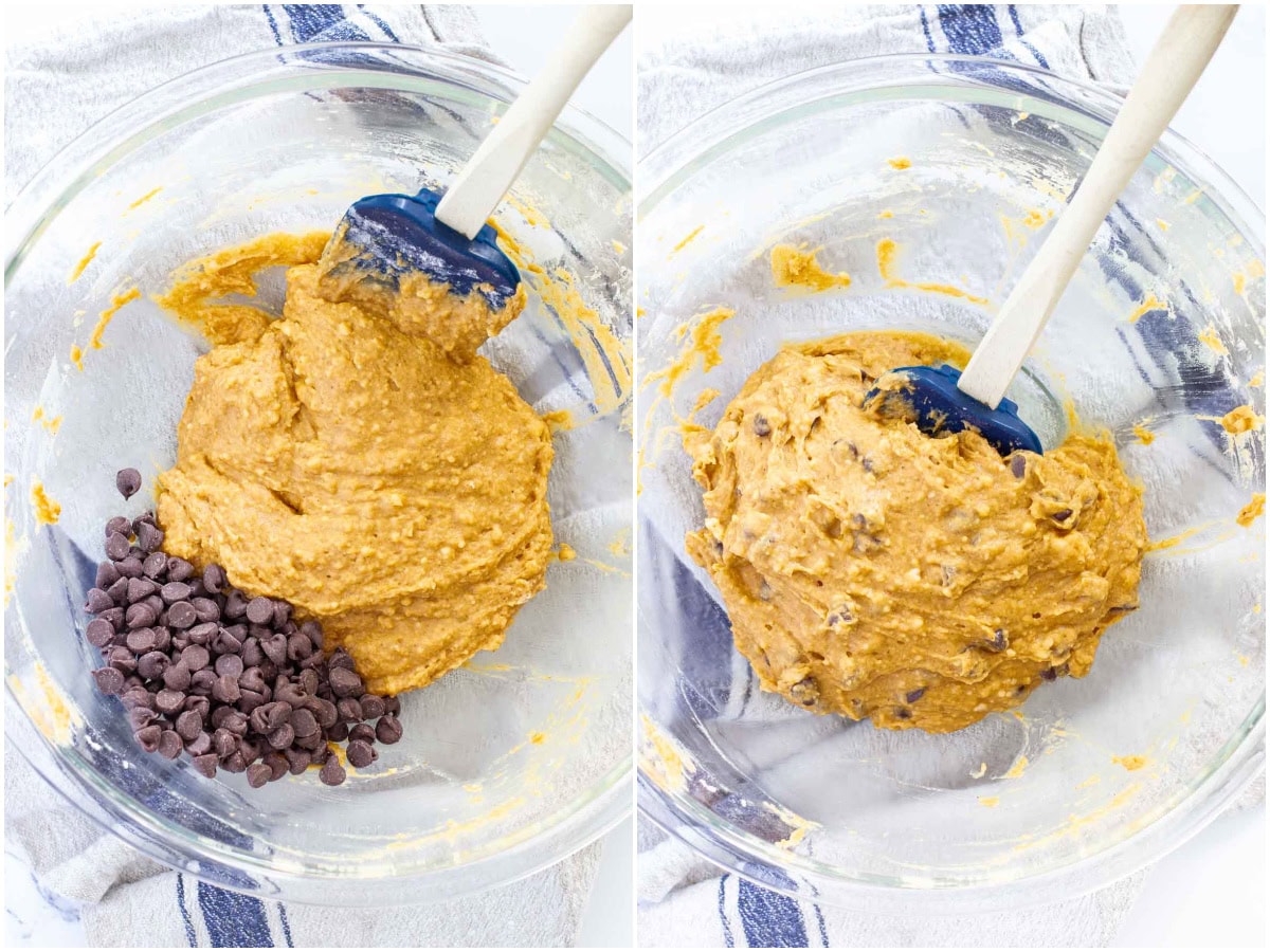 pumpkin chocolate chip muffins batter with chocolate chips folded in