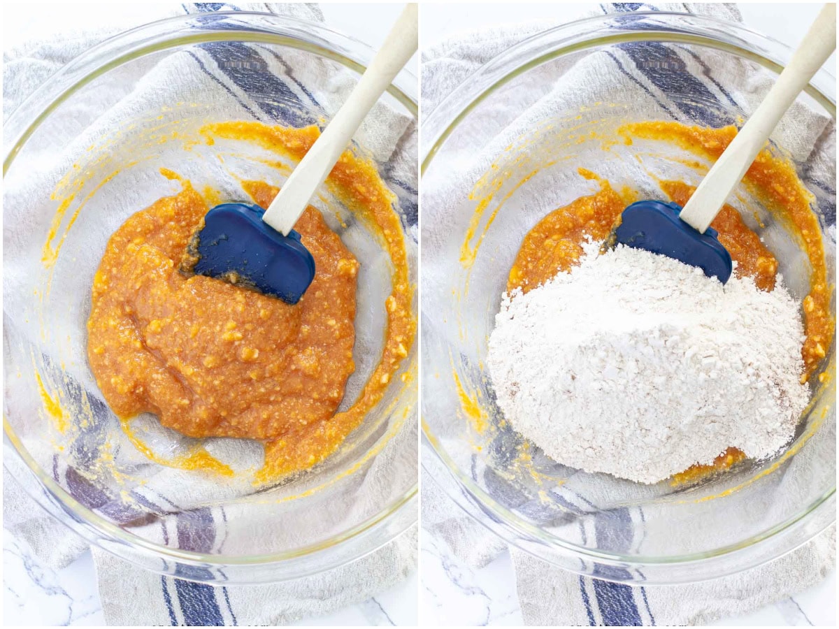 pumpkin chocolate chip muffins batter mixing wet ingredients in bowl