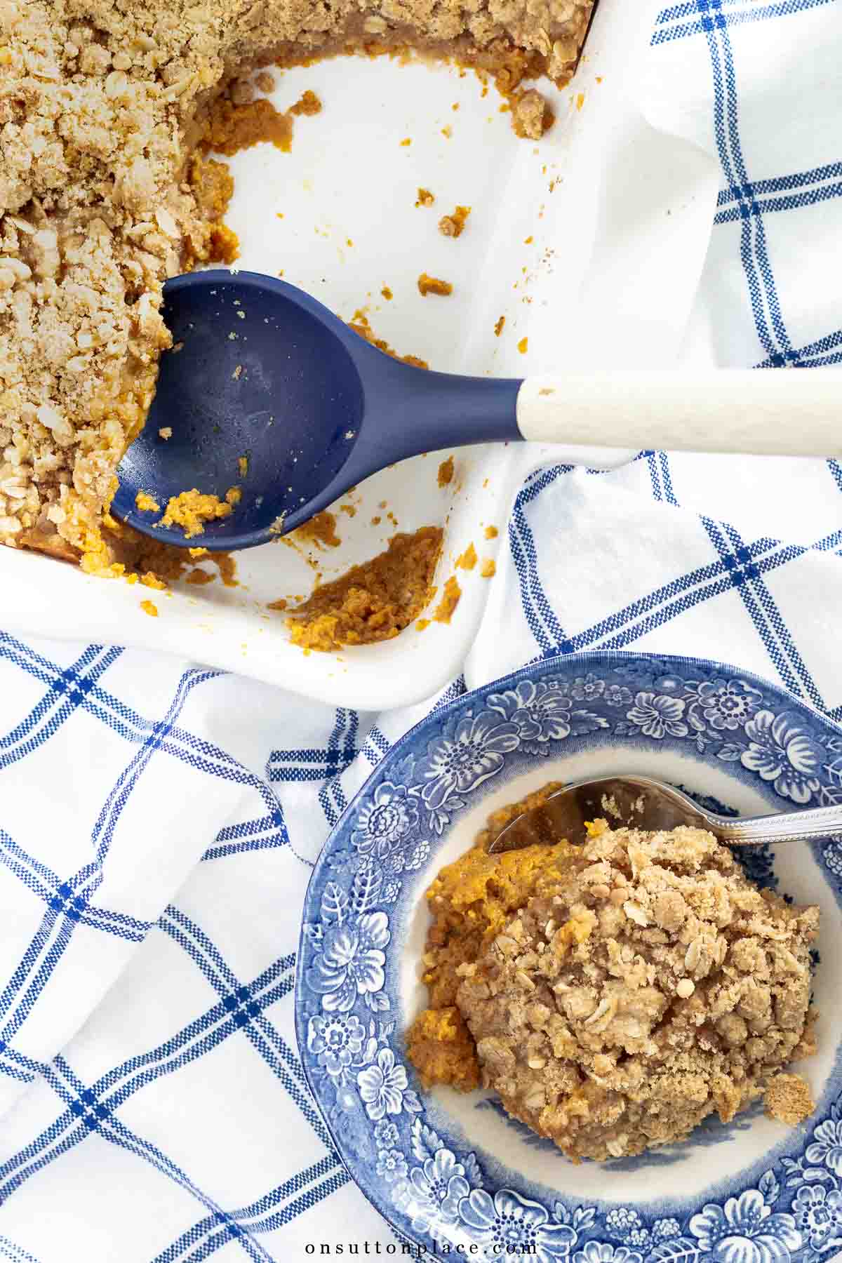 pumpkin crisp recipe 8x8 dish with one serving in bowl