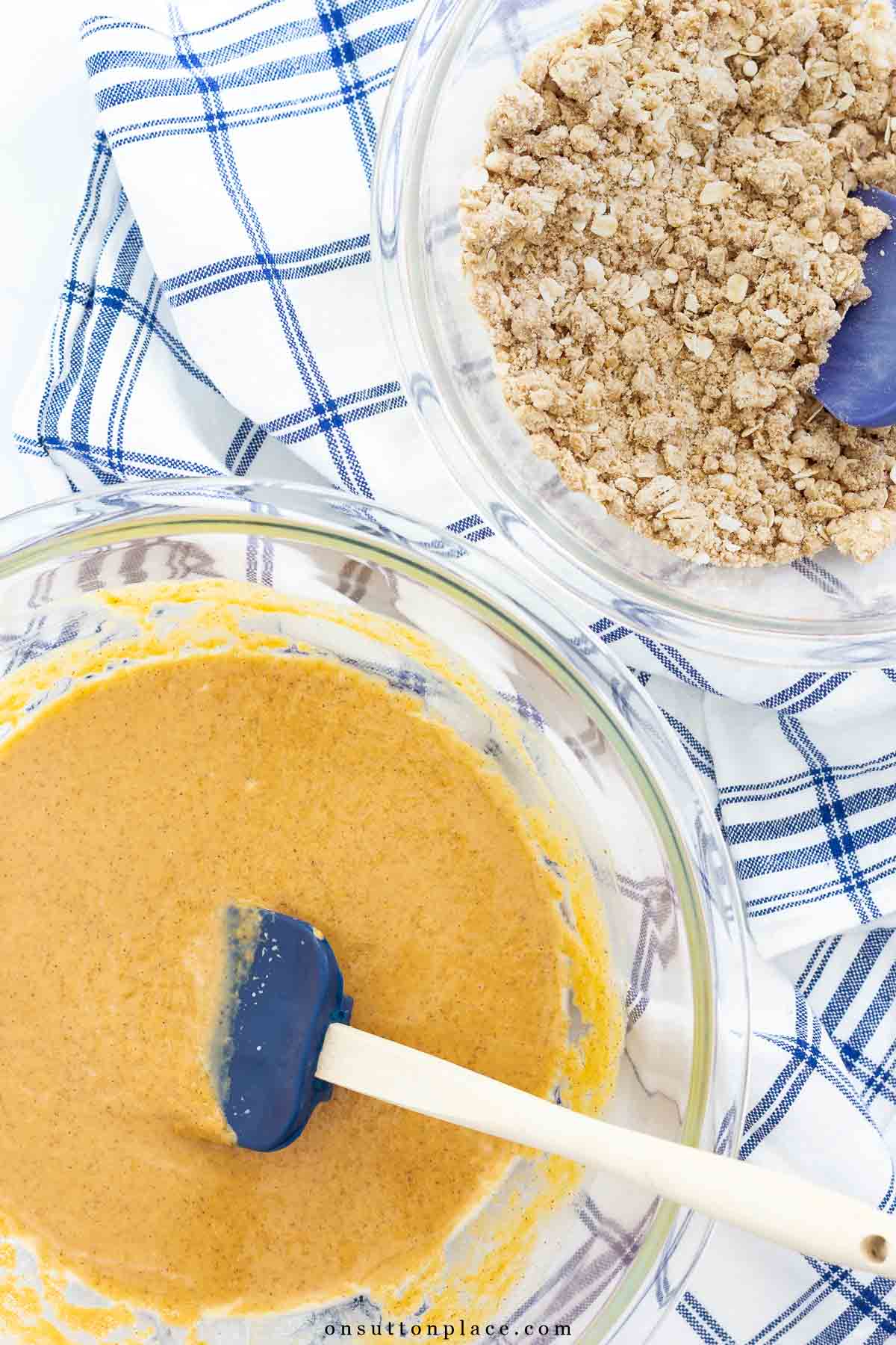 pumpkin crisp recipe batter in bowl topping in bowl