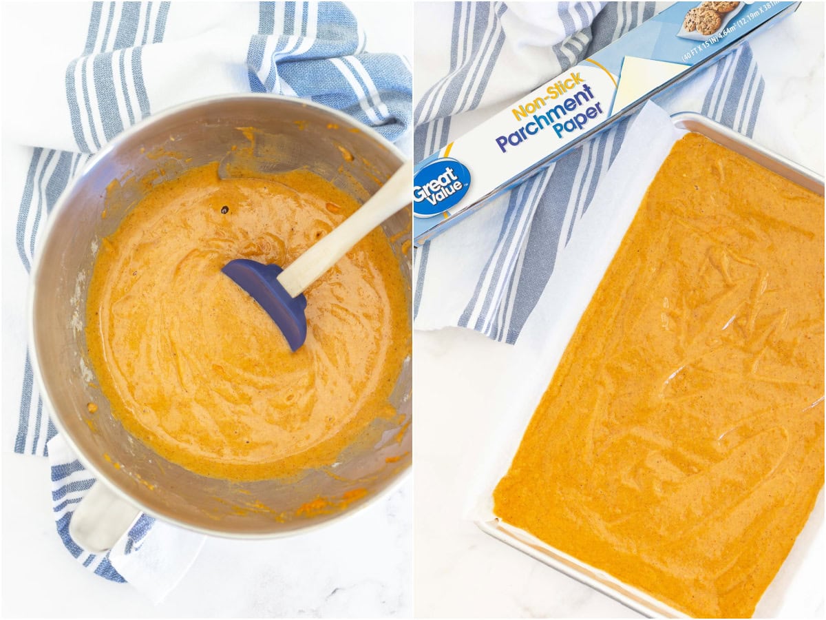 pumpkin roll recipe collage batter in bowl batter in pan