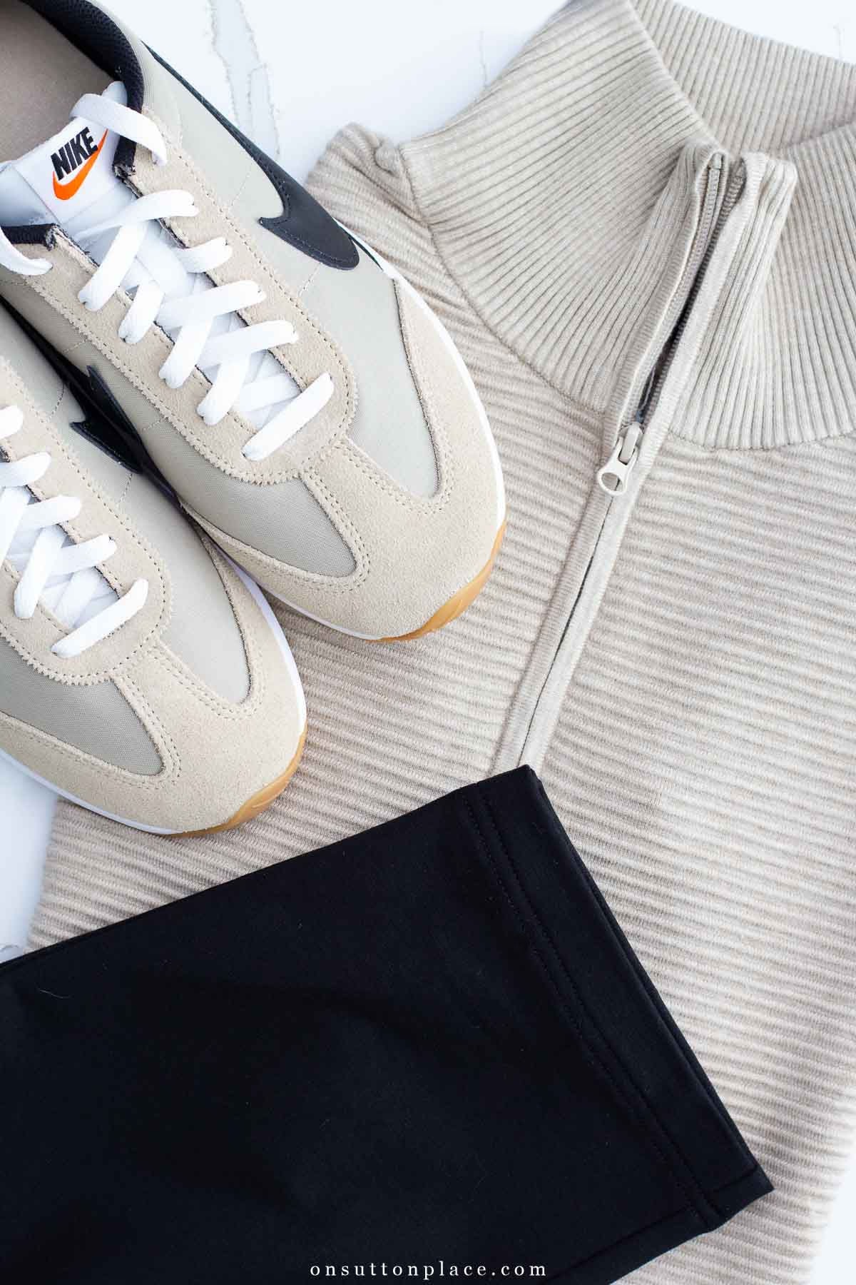women's fall outfit quarter zip sweater leggings sneakers