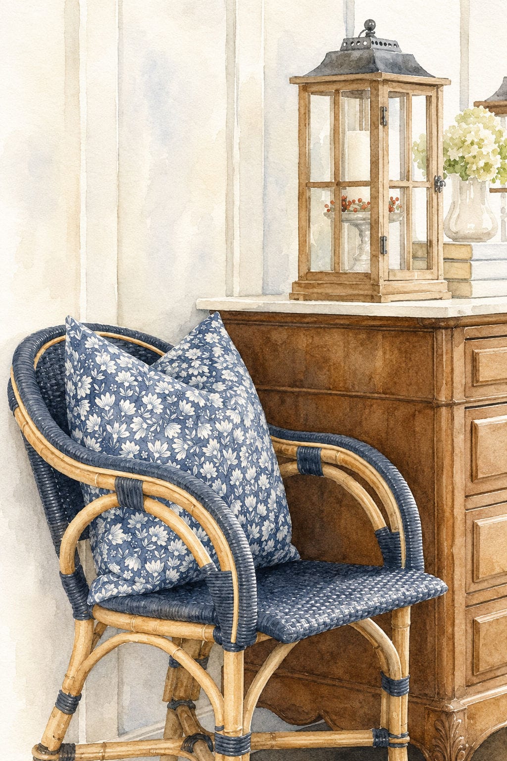 blue rattan chair in foyer beside vintage chest fall decor ideas watercolor