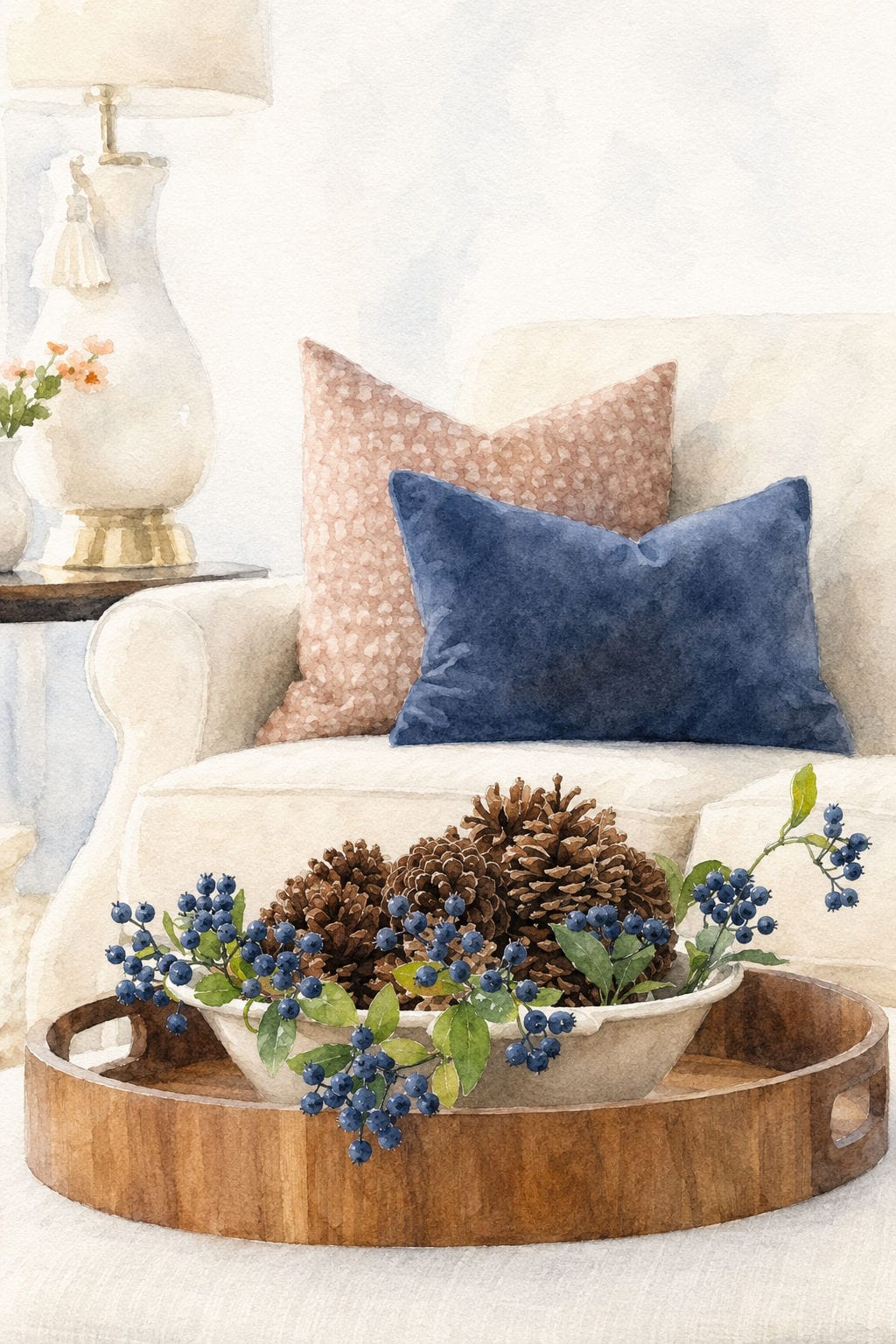 bowl of pinecones faux blueberries on round tray fall decor watercolor