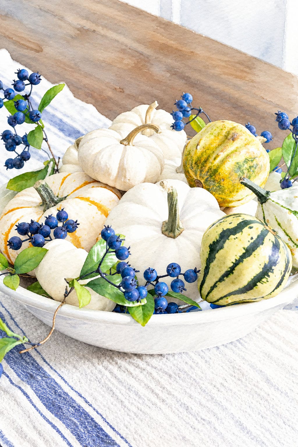bowl of pumpkins gourds berries watercolor