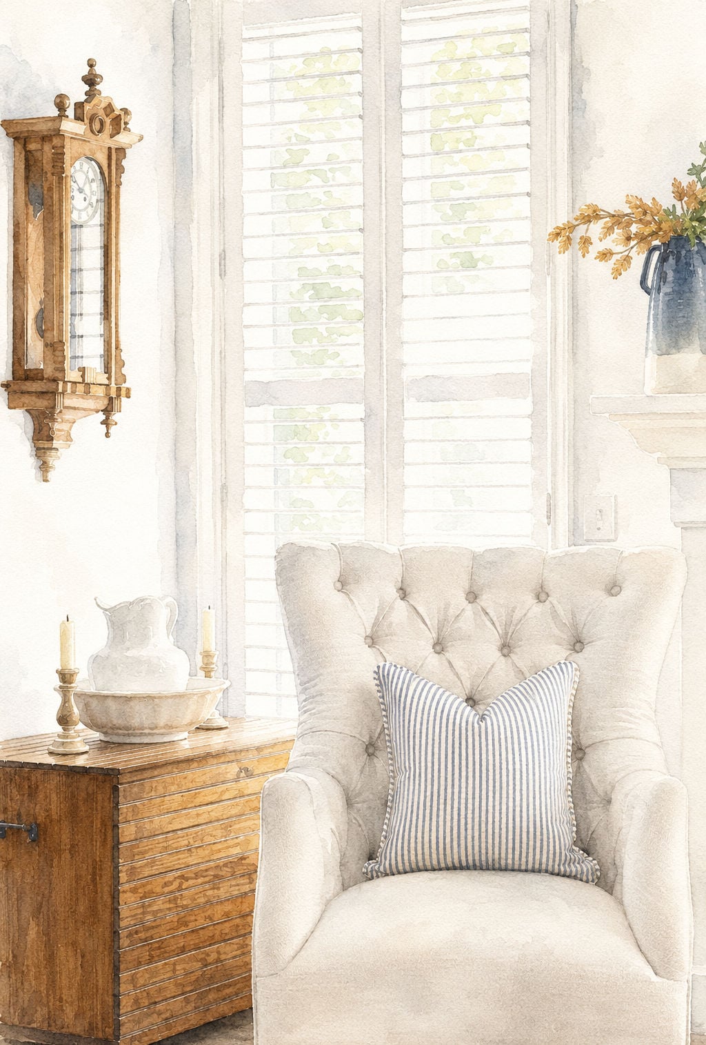 corner of living room with chair and blanket chest watercolor