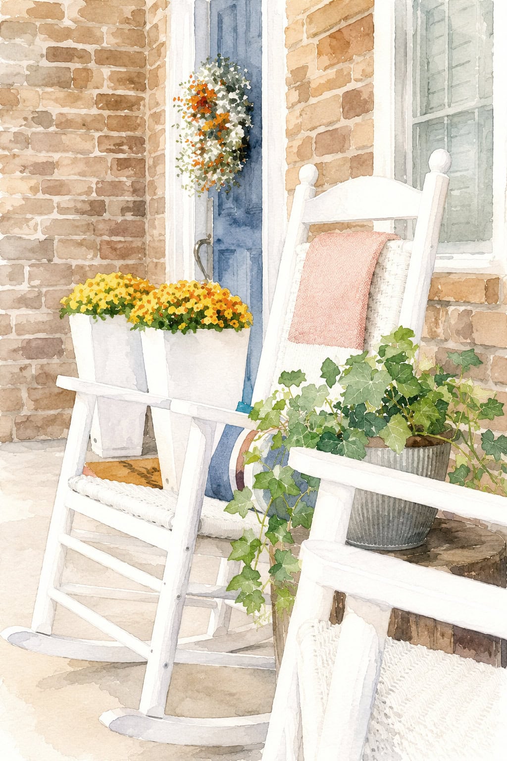 fall front porch ideas rockers with pillows watercolor