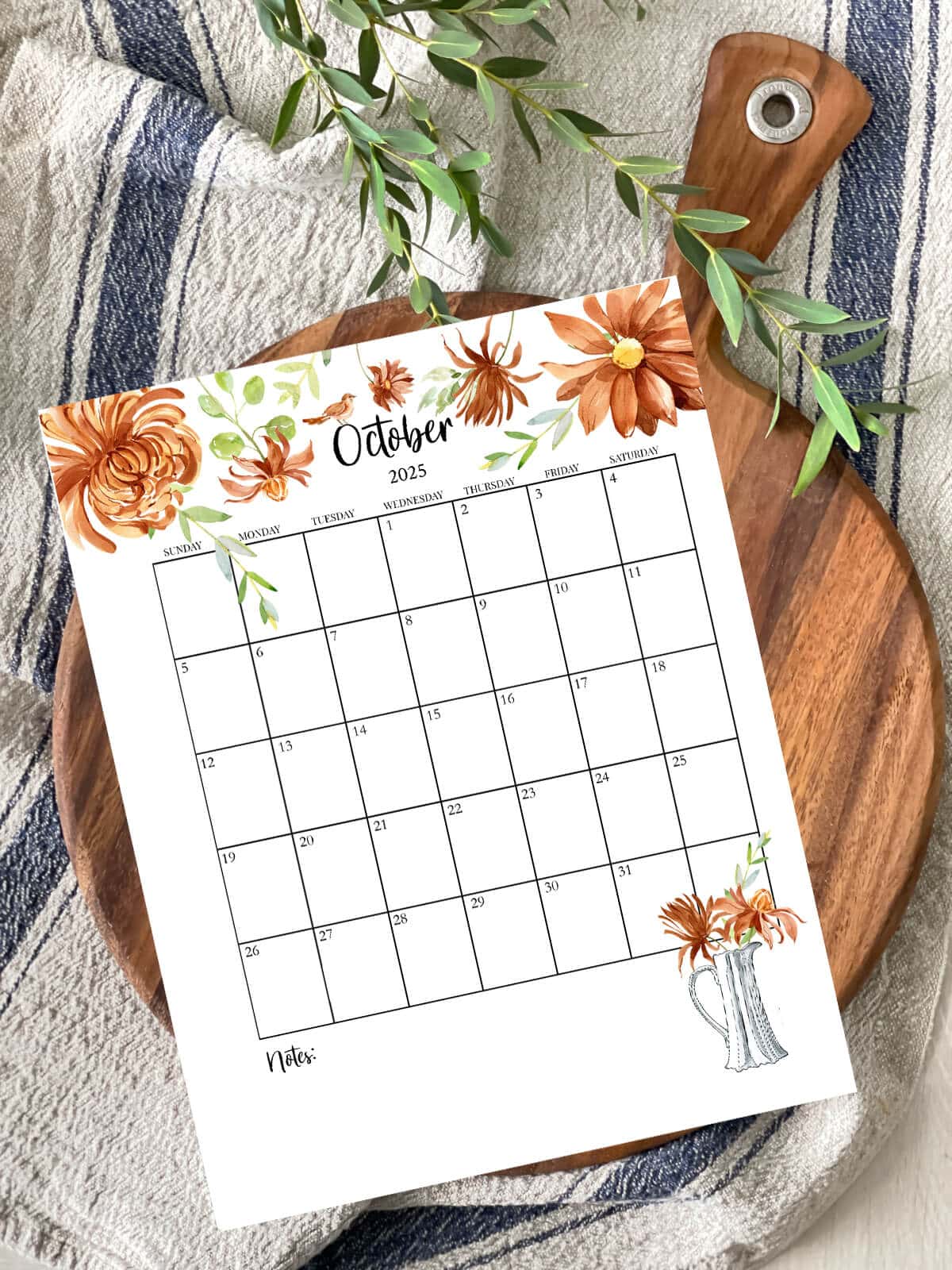 october calendar on round wood board mockup reduced