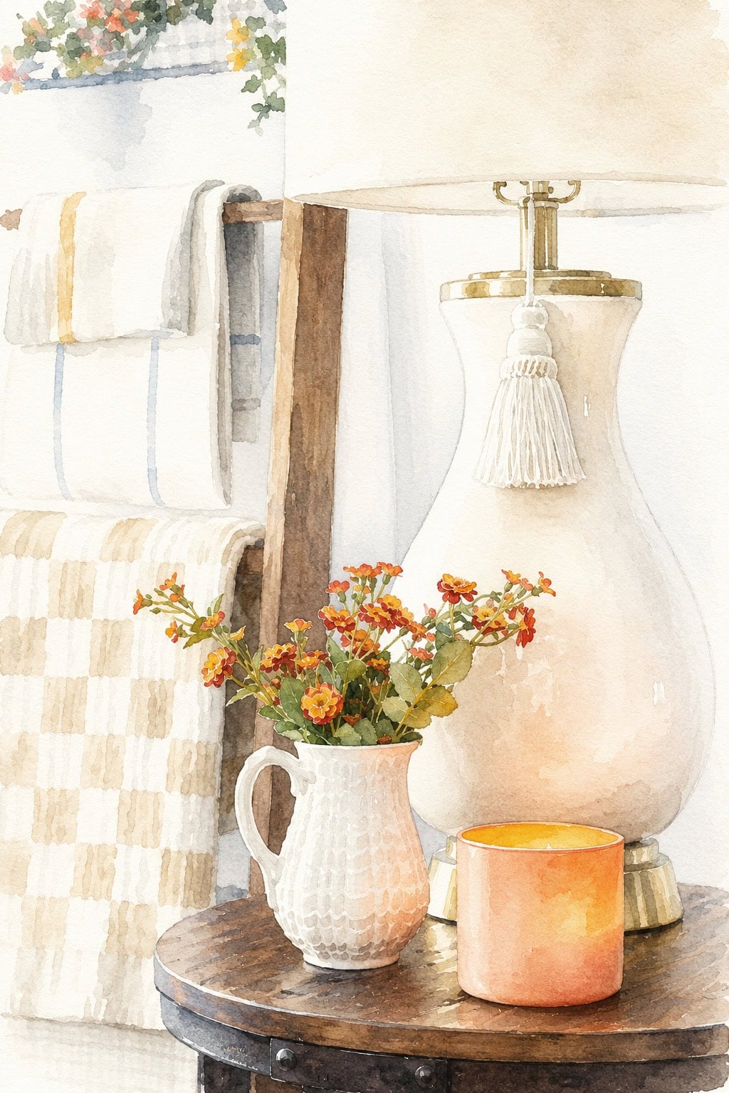 pitcher of flowers and candle on side table with lamp fall decor watercolor