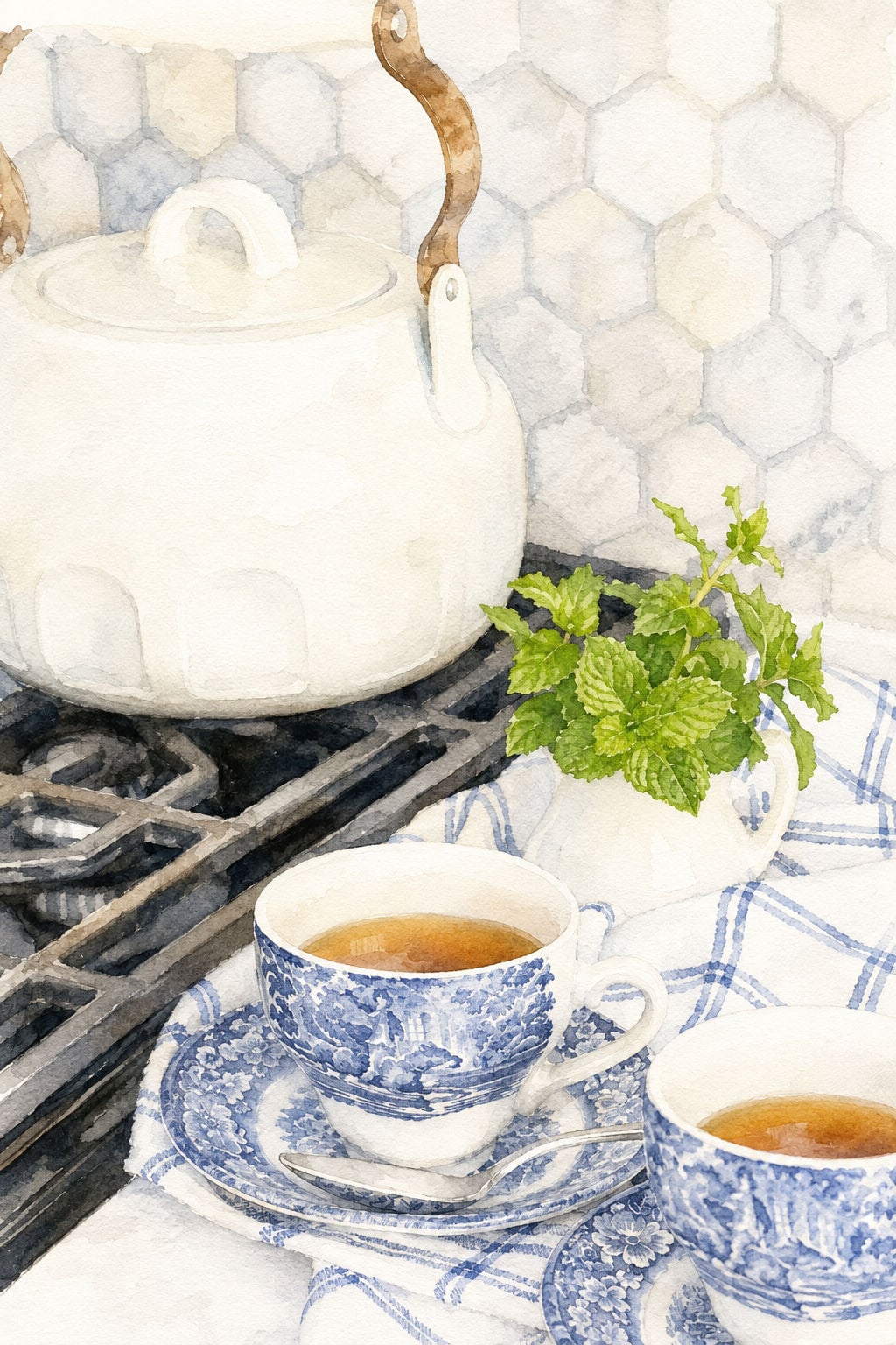 tea kettle on stone with blue and white teacups pitcher of mint watercolor