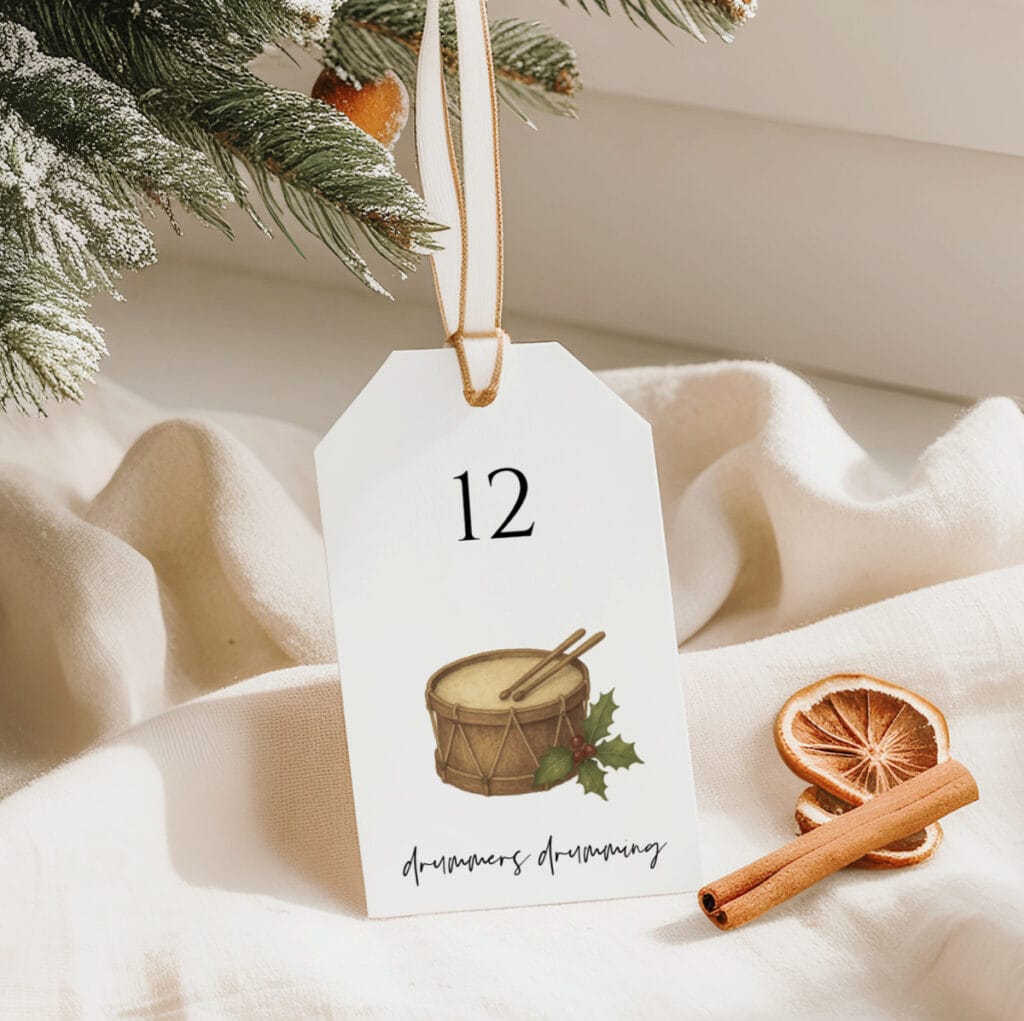 12 drummers drumming gift tag mockup