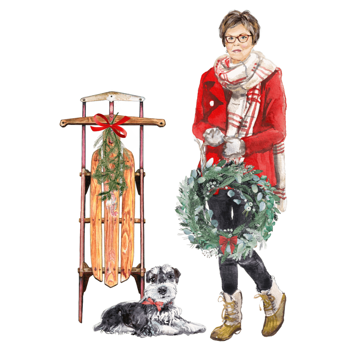 ann and millie with sled bunch of greenery red bow (1)