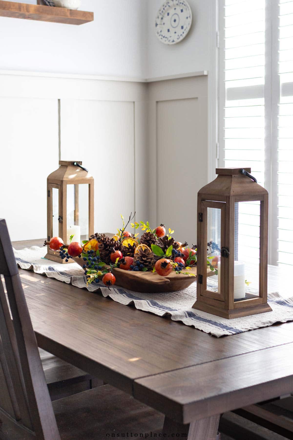 board and batten dining nook with holiday centerpiece