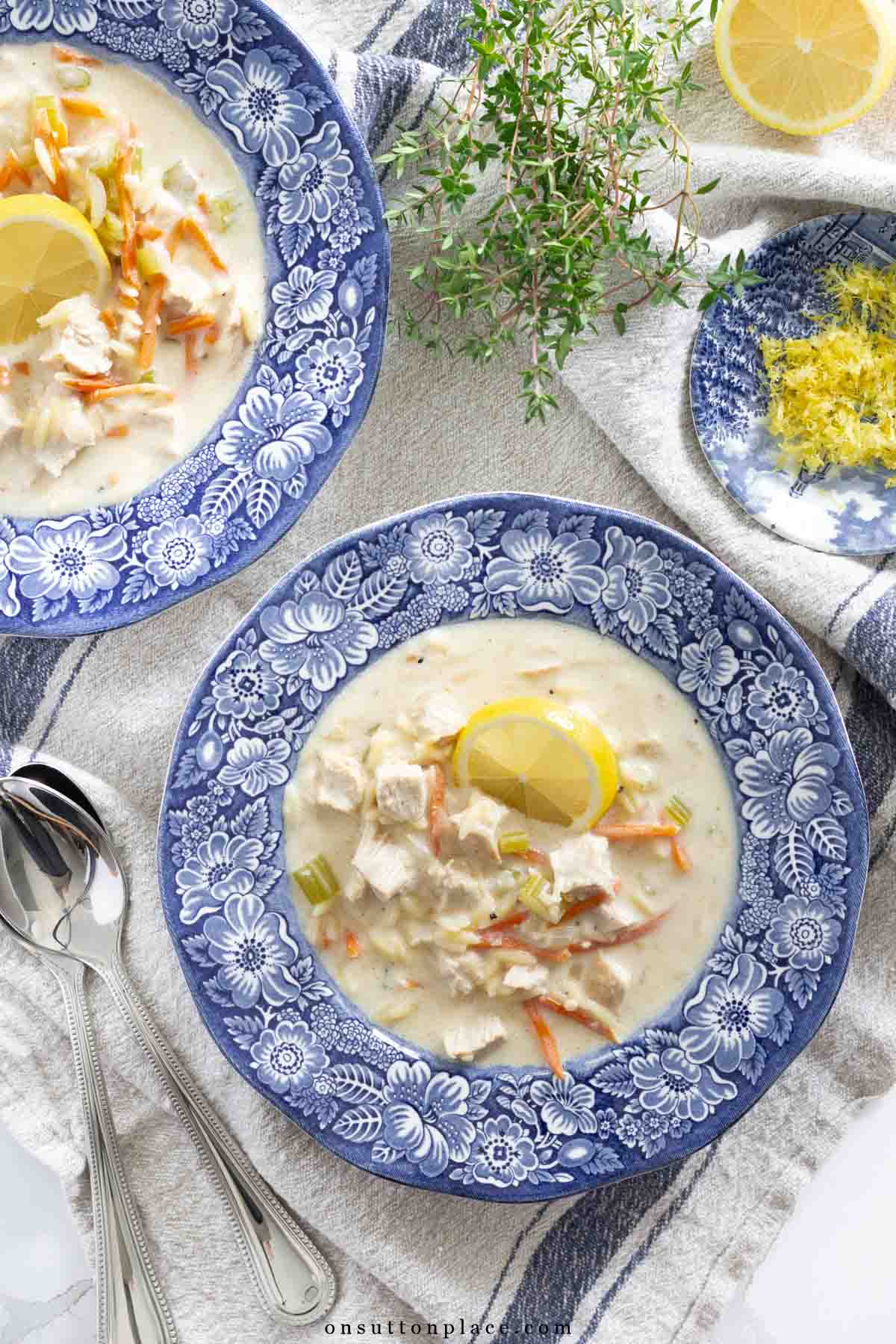 lemon chicken orzo soup recipe in bowls