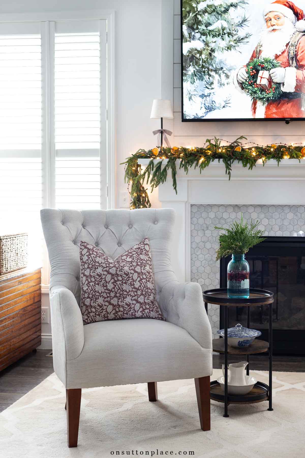 Christmas decor fresh pine in mason jar with cranberries