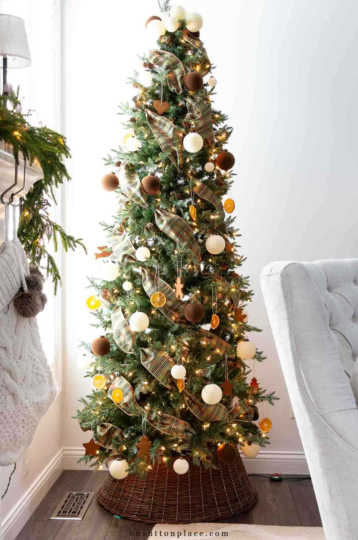 Christmas decor slim tree with green plaid ribbon brown velvet ornaments