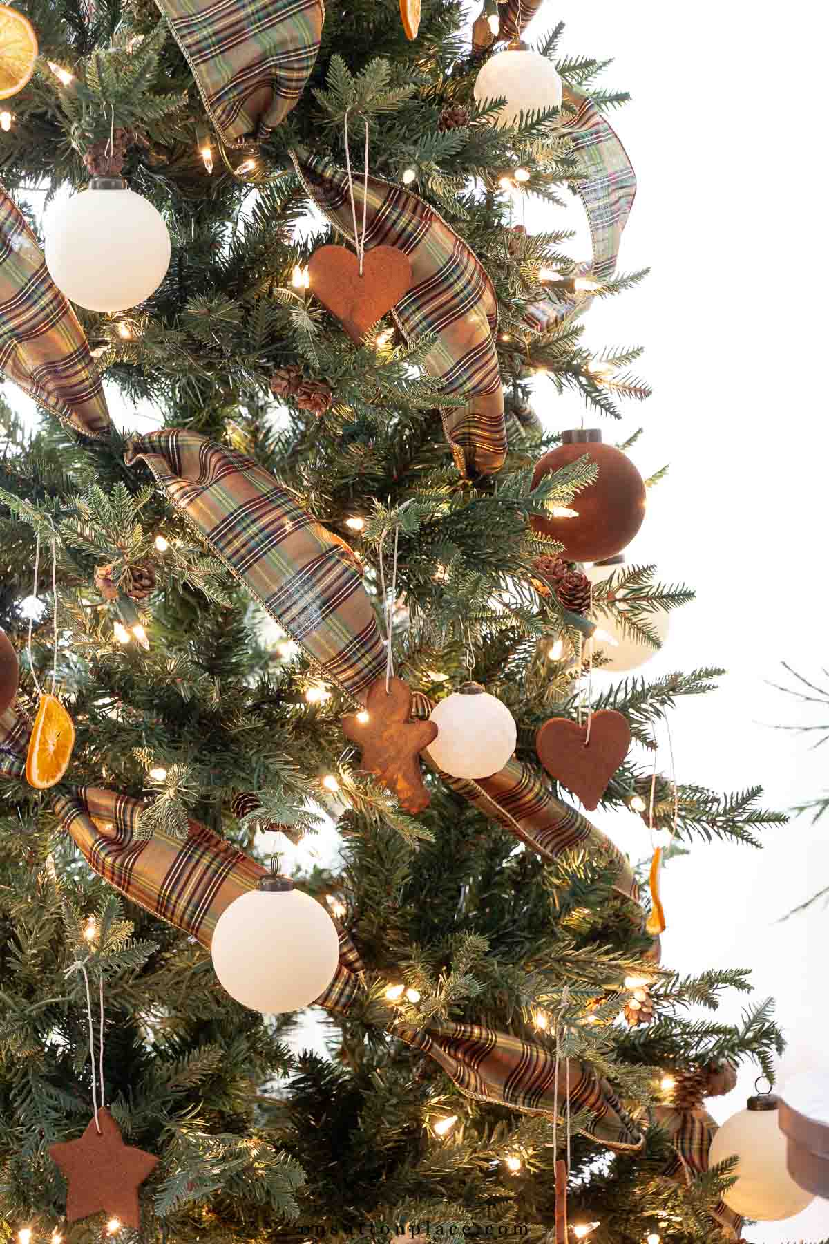 Christmas decor tree with green plaid ribbon brown and ivory velvet ornaments handmade cinnamon ornaments