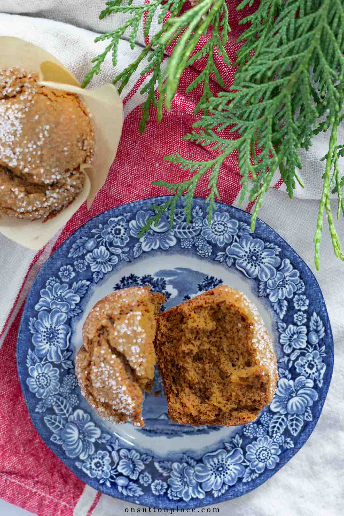 gingerbread recipe muffin on blue transferware plate