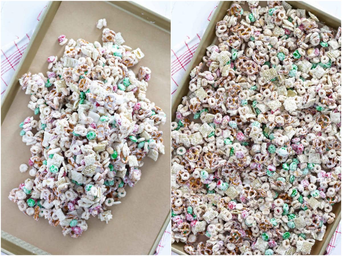 reindeer food recipe Christmas chex mix on baking sheet collage